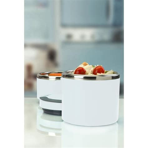 2 tier round stainless steel insulated lunch box in white|2 tier insulated lunch box.